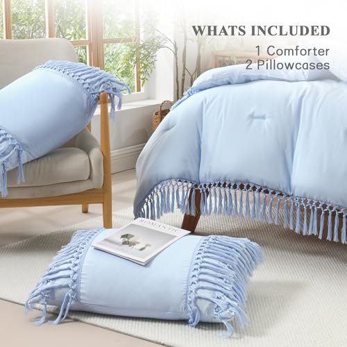 Image of Andency Comforter King Size Set Light Blue, 3 Pieces Boho Tassel Lightweight Fluffy Bedding Comforters & Sets, Soft All Season Bed Set (104x90In Comforter & 2 Pillowcases)