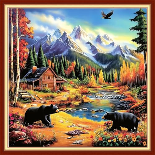 Image of Joyhoor Cross Stitch Kits for Beginners Stamped Cross-Stitch Supplies Needlework preprint Embroidery Kits for Adults DIY Needlepoint Kits Embroidery Patterns 11CT-Outdoor Black Bear 18x18 inchs