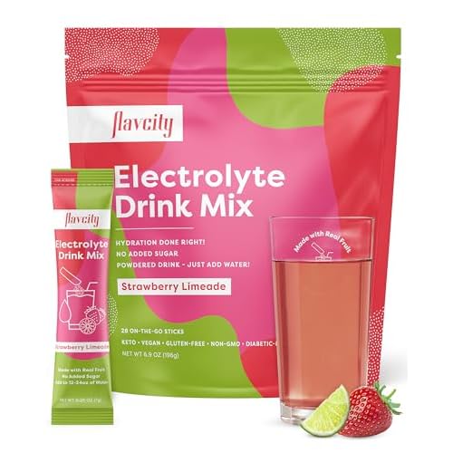FlavCity Strawberry Limeade Electrolytes Drink Mix, 28 On-The-Go Stick Packs – Healthy Electrolytes Powder Packets Made with Real Fruit – Keto Powdered Drink with No Added Sugar, Gluten-Free