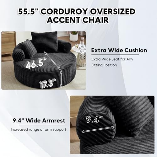 Image of Oversized Round Chair Lounge Chaise Indoor, 55.5 inch Upholstered Corduroy Deep Seat Single Cloud Sofa Chair, Fluffy Modern Large Circle Boneless Sleeper Sofa for Living Room, Bedroom, Black