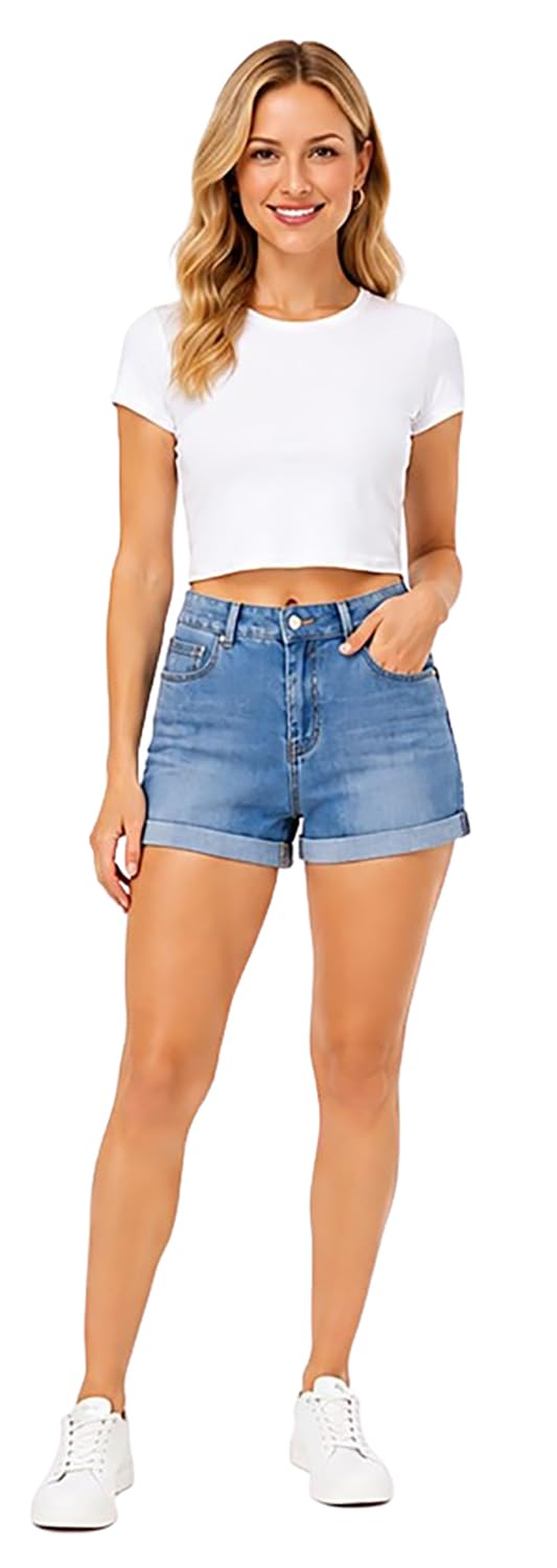 Women’s Blue Denim Shorts – Stretchy Shorts with 4 Pockets Relaxed Fit Low Rise Mid Waist Stylish Denim Jean Shorts Casual Stretchy Frayed Raw Hem, Ideal for Casual Outings | Size -30-picture-17
