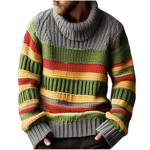 Mens Oversized Turtleneck Sweaters Cable Knitted Winter Warm Thicken Twisted Knitwear Fashion Striped Color Block Jumper