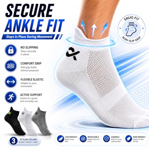 Image of XJARVIS RIO Unisex Ankle Socks for Men & Women - Breathable & Odor-Free Cotton Socks for Gym, Running, Walking, Cycling, Daily & Office Wear - Free Size (Black, White, Grey)
