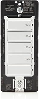 Leviton Countdown Switch for bathroom household lights, 10-20-30-60 min, Neutral Wire Required, 20A, 1HP/16A Fan/Motor, Single Pole, Multi-Way or Multi-Timer, DT260-1LW, White
