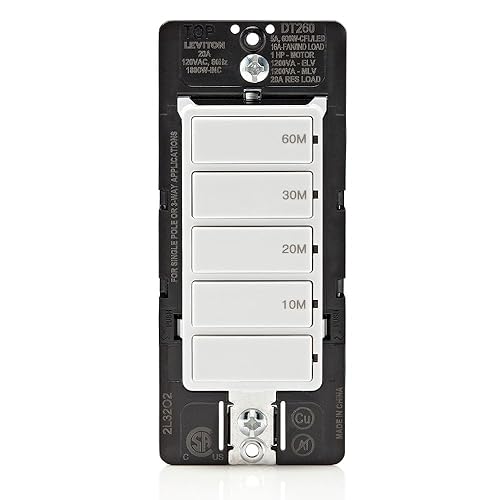 Leviton Interruptor de cuenta regresiva DT260-1LW para luces de baño doméstico, 10-20-30-60 minutos, requiere cable neutro, 20A, ventilador de