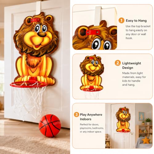 Image of Zest 4 Toyz Kids Basketball Hoop Set with Ball Wall Mounted Indoor Basketball Ring with Net Cute Lion Theme Mini Basketball Game for Boys and Girls Indoor Outdoor Sports Activity Toy