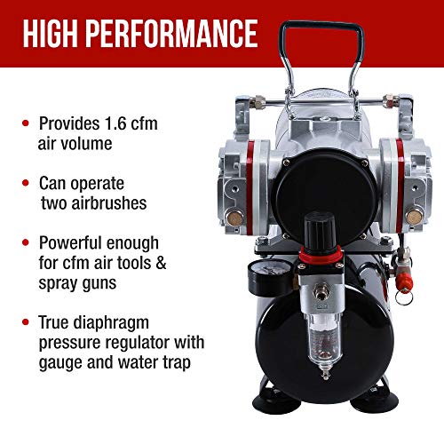 Image of Master Airbrush TC-828 Airbrush Compressor with Tank- 1 /4 HP Twin Cylinder | 3L Air Tank, 46L /Min Flow, Dual Air Brush Support, True Diaphragm Regulator, Portable - Ideal for Artists, Studios