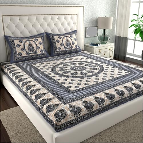 Image of KOUNDAL Rajasthani Jaipuri Sanganeri Printed 144 TC 100% Cotton Bed Sheet Set for Double Bed,Floral Print, Double Bedsheet Cotton with 2 Pillow Covers (Gray, King)