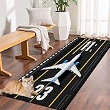 Kuluoits Flugzeug-Flurläuferteppich, 80x200cm, Schwarz-Weiß, Langer Landebahn Flughafen Teppich, Landebahn Teppiche für Klassenzimmer, Spielmatte, Rutschfester Kurzflorteppich für Schlafzimmer