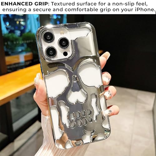 Image of Kraptick Polycarbonate iPhone 16 Pro Case - Electroplated Skull Face Design Mobile Cover, Stylish & Durable Phone Cover, Lightweight Protective Fit for Apple iPhone 16 Pro -(Silver)