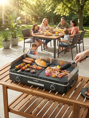 FOHERE Grill elektryczny, grill stołowy 2400 W z 2 oddzielnymi regulowanymi płytami grzewczymi (gładki i rowkowany), system Duo-Grill, 5-poziomowa regulacja temperatury (czarny)