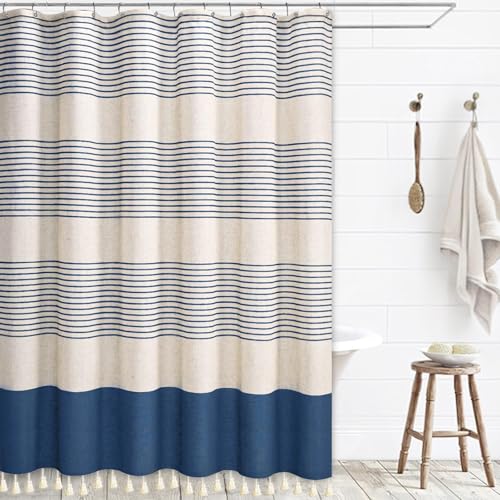 WOUVMA Boho Shower Curtains for Bathroom with Tassels Blue Farmhouse Striped Shower Curtain Beige Rustic Linen 72x72 Inches
