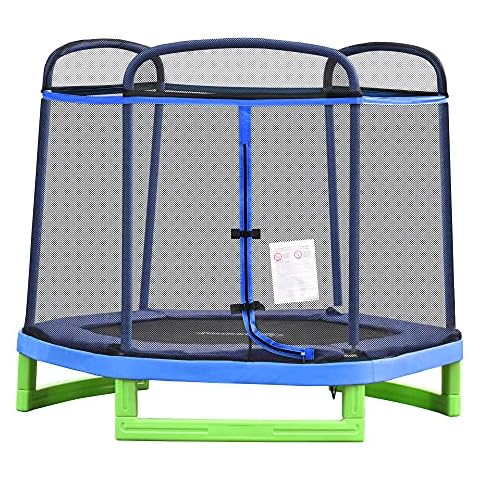 HOMCOM 7FT Kinder Trampolin mit Sicherheitsnetz Kleinkind-Trampolin für drinnen und draußen Fitnesstrampolin Gartentrampolin für 3-12 Jahre Kinder bis 80 kg Stahl Blau+Grün 215 x 200 x 190 cm Cover
