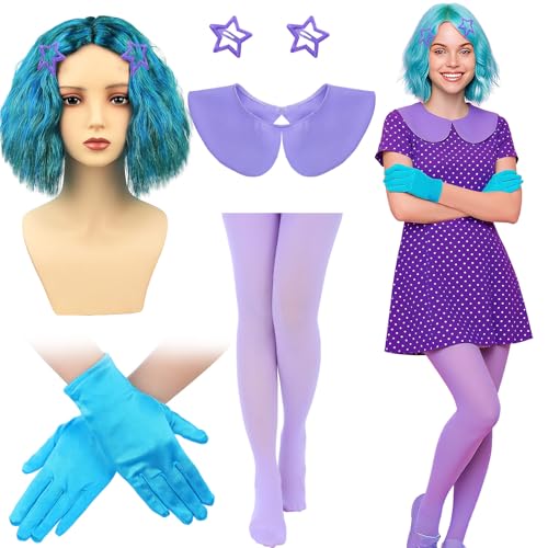 JenPen 6 Pcs Halloween Women Costume Accessories Include Blue Green Wig Gloves Purple Fake Collar Stockings with Hairpins for Cartoon Movie Girls Cosplay Emotion Party