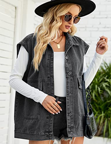 Huaqiao Womens Denim Vest Mid long Jacket Jean Sleeveless Vest with Pockets4