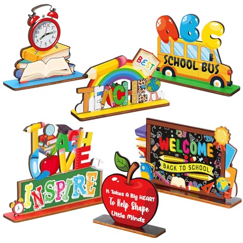 Image of Yuntau 6 Pcs Back to School Wooden Table Decorations Teacher Appreciation Desk Signs, Inspirational Classroom Tiered Tray Decor with School Bus Teach Love Design, First Day of Decorations for Teachers