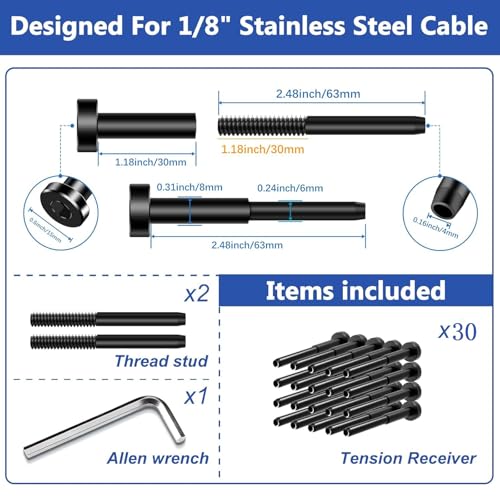 Image of 30Pack Swage 1 /10 inch 1 /8 inch Invisible Cable Railing Kit Tensioner Terminal Hidden - PVD Coating Long-Lasting Finish, T316 Stainless Steel Cable Railing Hardware for 2 inch x 2 inch Metal Wood Post, Black