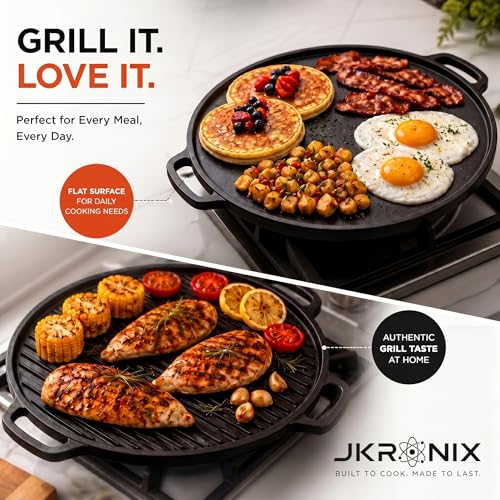 Image of Pre-Seasoned Cast Iron Dosa Tawa with Handle, 2-in-1 Reversible Grill Pan 30 cm, Naturally Non-Stick Cookware for Roti, Chapati, Chilla & Uttapam, Heavy Duty Griddle, Double Sided Cookware