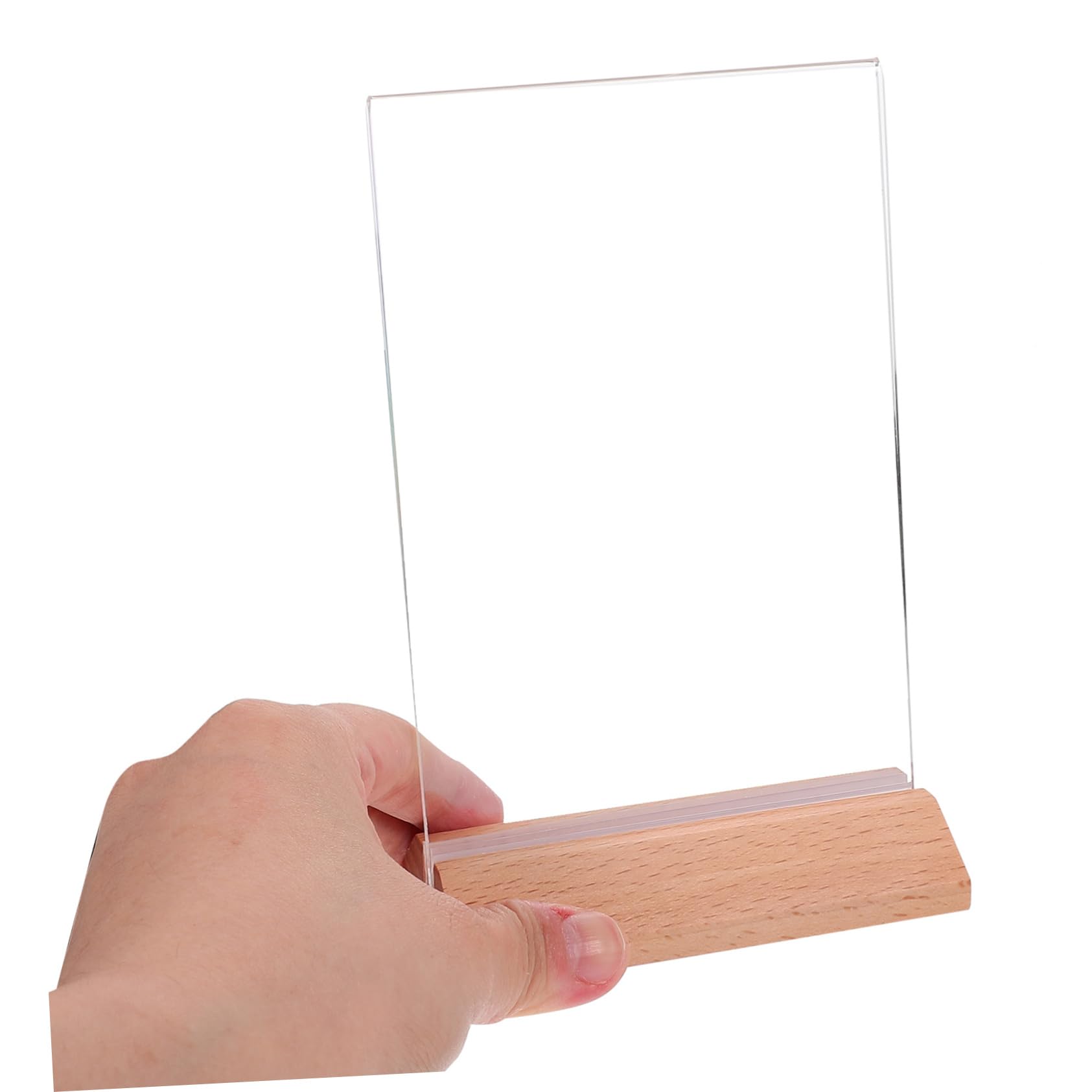 6 piezas Soporte de Señal Acrílico Doble Cara Transparente con Base de Madera de Haya de Unidades para Menús y Exhibición de Carteles Mesas Resistente y para Oficina y Restaurante