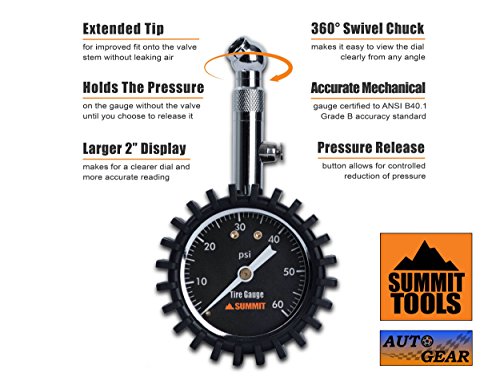 Summit Tools Tire Pressure Gauge with Glow Dial, 0 to 60 PSI, Hold Valve, 10 in. Flexible Hose, Pressure Bleeding Button, Rubber Head Cover. Automobile Accessory