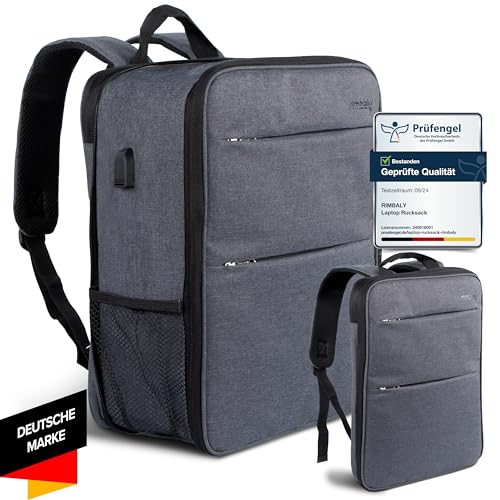 Rimbaly Laptop Rucksack - wasserabweisend & Stoßfest - USB-Anschluss, erweiterbar, Anthrazit - Ideal für Business, Schule/Uni, Damen und Herren Backpack.