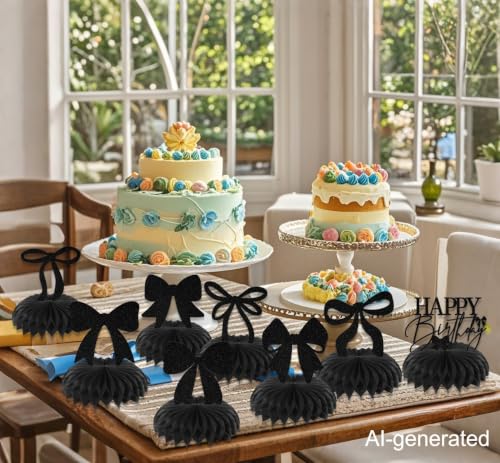 Lot de 8 nœuds en nid d'abeille noir pailleté de table - 4