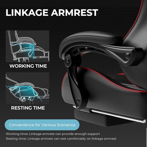 GTPLAYER Gaming Chair, Computer Chair with Footrest and Lumbar Support, Height Adjustable Game Chair with 360°-Swivel Seat and Headrest and for Office or Gaming (Faux Leather, Red)