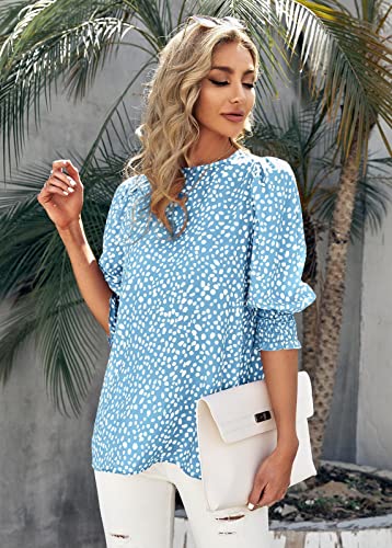 Teurkia Women's 3/4 Pleated Sleeve Blouse Crewneck Mixed Media Top Sky Blue #TOP2