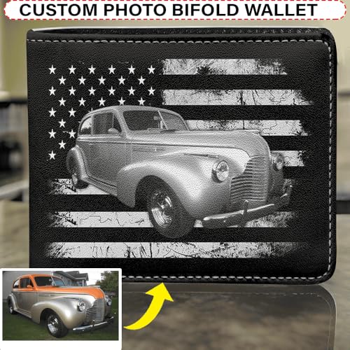Hot Rod Classic Vintage Car Personalized Photo Printed Leather Men Bifold Wallet, Unique Custom Gift For Car Guys, Drag Racers, Street Rat Rod Owners, Muscle Car Gift For Him (BK5-Grayscale)2