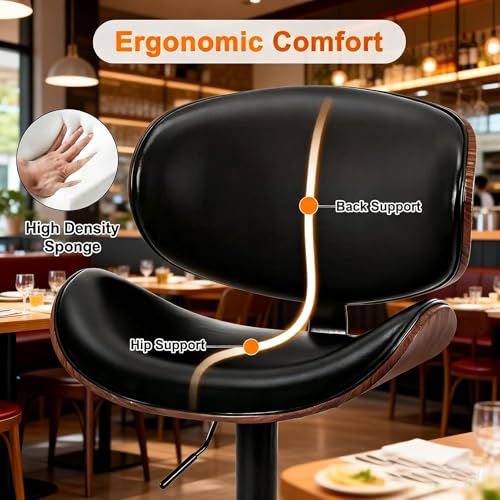 Image of HealSmart Swivel Bar Stools Set of 2, PU Leather, Adjustable Height Bentwood BarStools with Ergonomic Back and Footrest, Ideal for Bar Stools for Bar Counter, Home Kitchen, Dining Room, Black