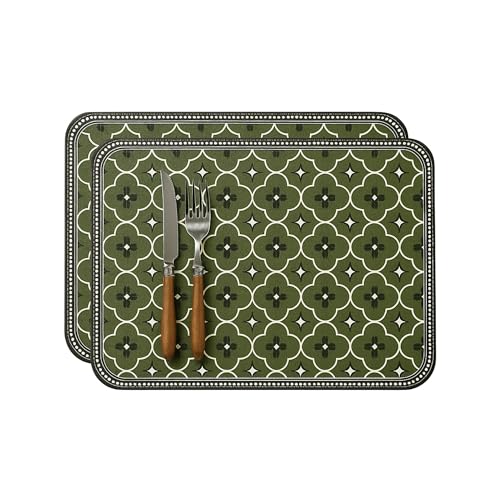 Image of Durable Leather Placemats Olive Green Mororccan Patterned Table Mats | Waterproof, Washable, Heat Resistant, Non-Slip Elegant Dining Accessories (Set of 2)
