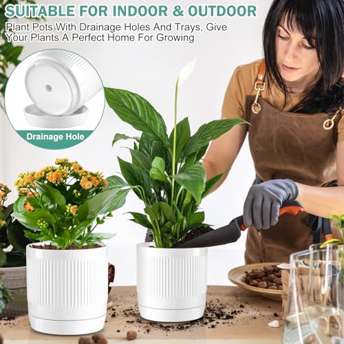 Vanavazon 6 Inch Glazed Ceramic Plant Pots with Drainage Hole and Saucer, Cylinder Indoor Planters for All House Plants, Modern Decor for Home & Office, Set of 2 (White) by Vanavazon - Image 4