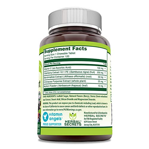 Herbal Secrets Immune Support 120 Chewable Tablets (Berry Flavor) -Herbal Complex With Vitamin C, Elderberry Extract, Echinacea Purpurea Extract, Marshmallow Extract & Mullein Powder #TOP1