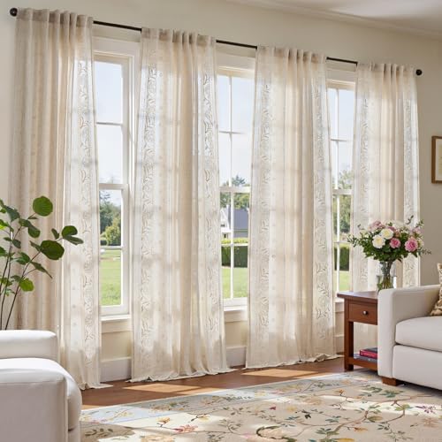 Image of jinchan Ivory Floral Linen Curtains for Living Room 84 inch Back Tab 4 Panels