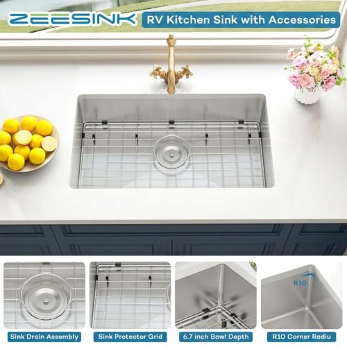 Image of 27 inch RV Kitchen Sink,6.7 inch Depth Undermount Kitchen Sink,Single Bowl 16 Gauge Stainless Steel Kitchen Sinks for RV /Caravans /Campervans (Stainless Steel, 27 X 16 inch)