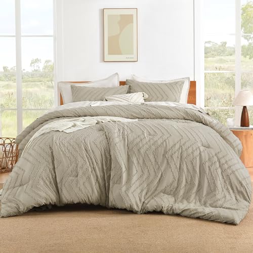 Image of Litanika Boho Queen Comforter Set, 3 Pcs Oatmeal Lightweight Bedding Set