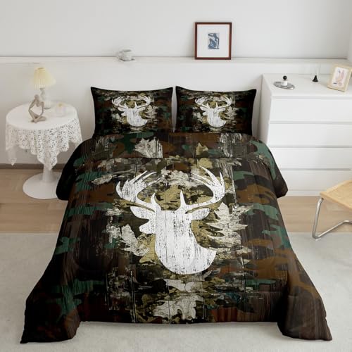Image of Feelyou Kids Camo Deer Bedding Set King Size, Deer Hunting Comforter Set Green Camo Comforter for Boys Girls Antlers Duvet Insert Microfiber Bed Set