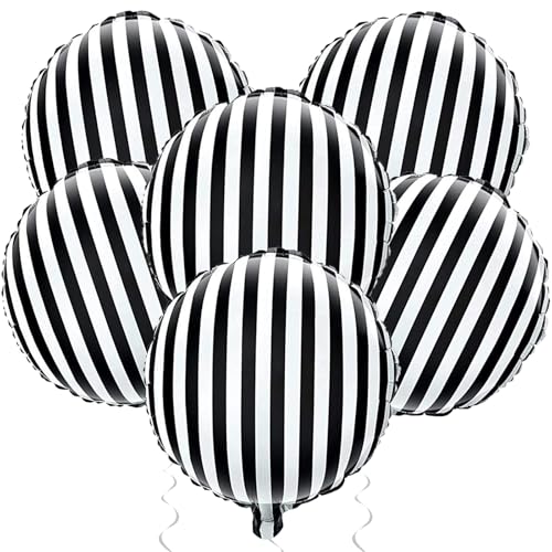 Image of Black and White Striped Balloons 18 Inch Striped Mylar Foil Balloons Round Halloween Aluminum Helium Balloon for Halloween Birthday Baby Shower Party Decorations