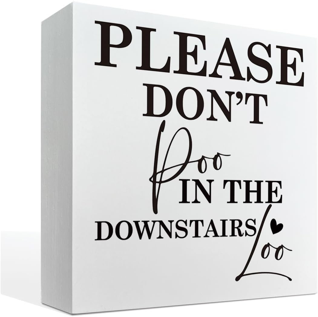 Pibonto Men's Desk Decor 5X5 Inch Bathroom Decor Please Don't Poo In The Downstairs Loo,Downstairs Toilet Decor,Bathroom Table Wooden Box Sign For Tabletop Desk Home Bathroom Decor