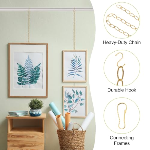 Image of Picture Hanging Kit, 3Pcs 1M Chains with Hook & 3Pcs S-Hooks & 9Pcs Small Hooks Picture Display Accessories for Wall Pictures, Exhibition(Gold, Large Oval Ring)