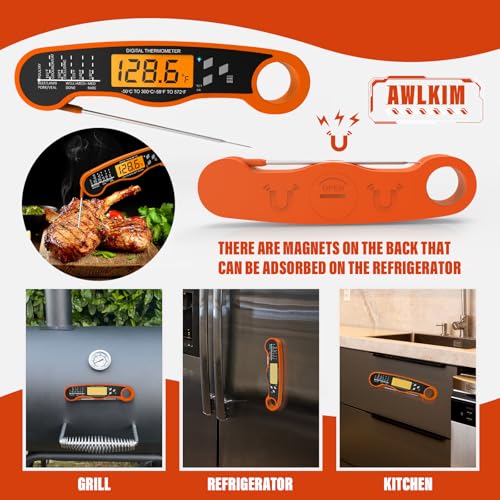 Image of AWLKIM Meat Thermometer Digital, Instant Read Food Thermometer, Orange | Waterproof cooking thermometer with doneness chart, backlight, F /C switch for BBQ, candy, oil