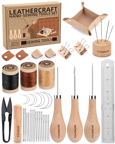 Fousnow Upholstery Repair Kit, Leather Sewing Kit with Thick Handle Sewing Awl, Upholstery Thread, Sewing Needles, Needle and Thread Kit Heavy Duty Sewing Tools for Repairing DIY Leather Crafts