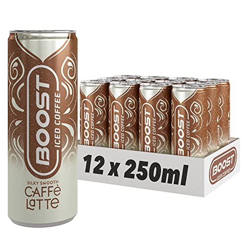 Boost Iced Coffee Caffe Latte, 12 x 250 ml, Ready-To-Drink Cold Brew Coffee Drink, The Perfect Caffeine Boost, A Smooth and Creamy Full-Bodied Blend of 100% Arabica and Robusta Beans with Milk
