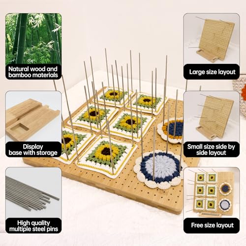 Image of 15 inch Bamboo Crochet Blocking Board with 15 Stainless Steel Pegs - Granny Square Blocking Board