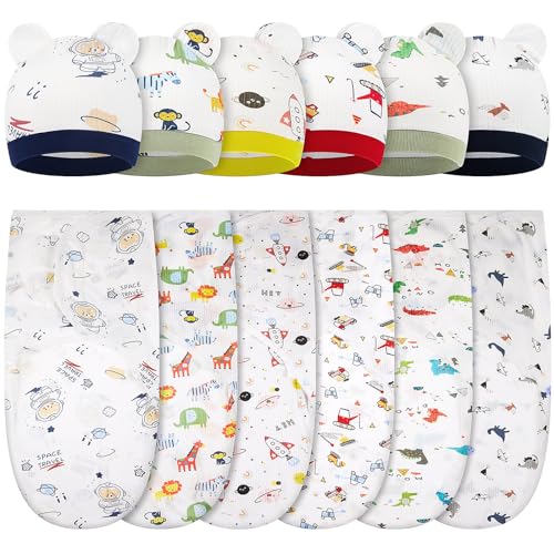 Image of Ramede 6 Pack Baby Swaddle Blanket with Hats Sleep Swaddle for 0-3 Months Newborn Sacks Soft Cotton Wearable for Baby Boy Girl Sleeping(Colorful, Rocket)