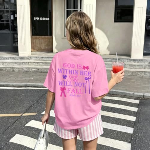 Image of Girls Christian Tees God is Within Her Jesus Shirt for Kids Faith Cute Graphic Bow Tshirt Inspirational Religious Top