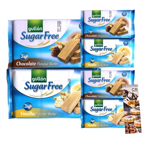 GULLON SUGAR FREE WAFERS (6x180g) - Chocolate & Vanilla Wafer Bundle (3x Choc/3x Van) | Wafers Biscuits, Sugar Free Sweets And Chocolate | Sugar Free Vanilla, Plain Chocolate Wafers
