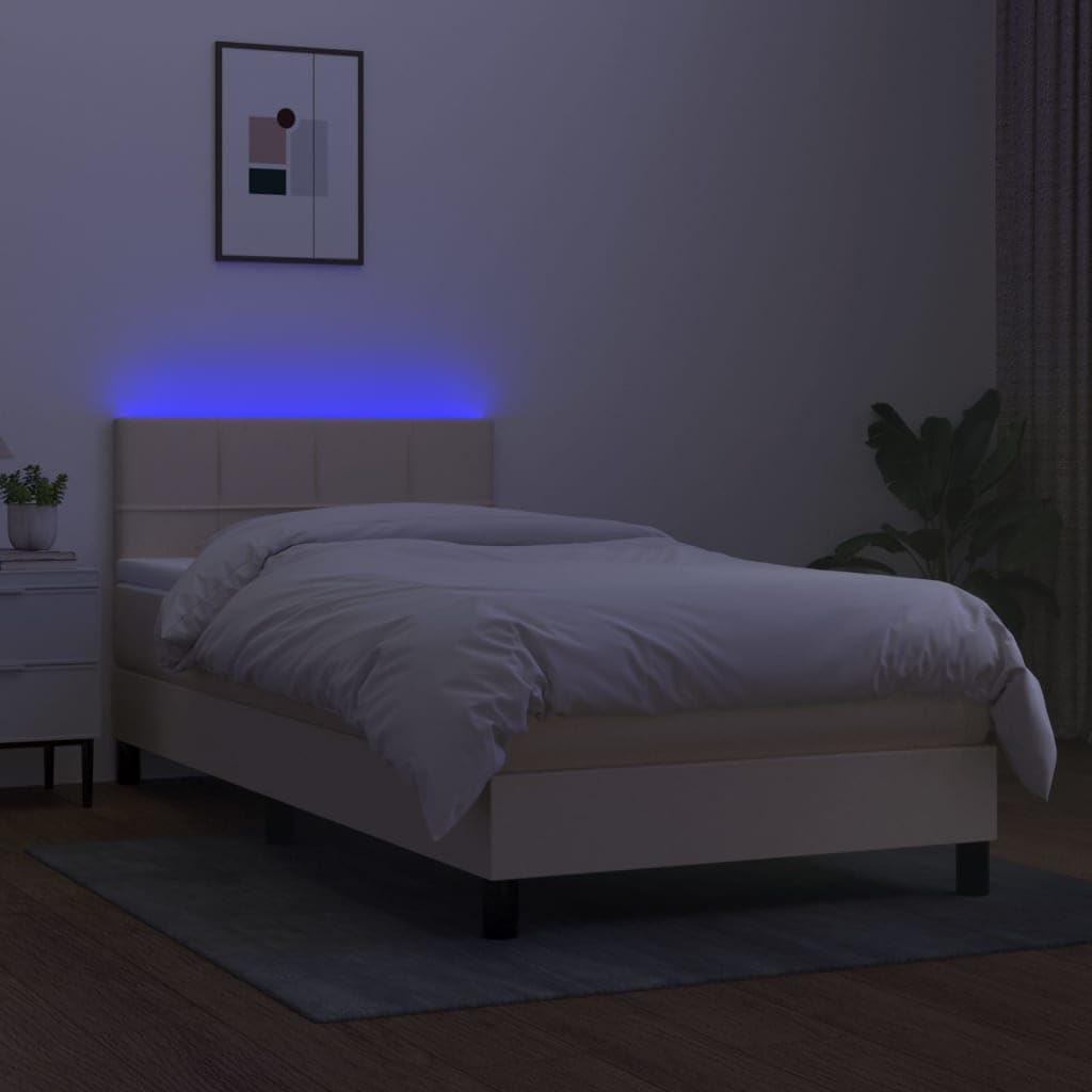 tkanina oddychająca z regulowanym zagłówkiem LED 100x200 cm kremowy | Łóżko kontynentalne z materacem kremowe 100x200 cm tkanina z LED i regulowanym zagłówkiem do sypialni