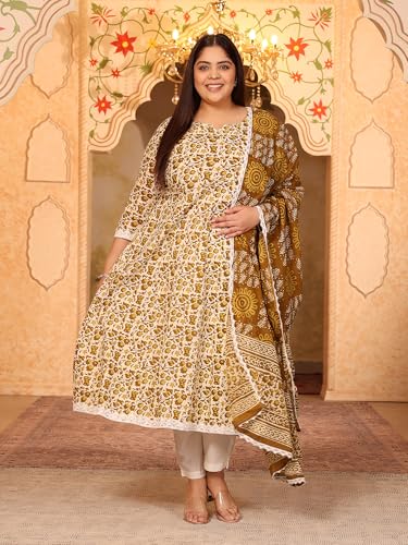 Image of MEERA FAB Women's Pure Cotton Printed Anarkali Kurta with Palazzos & Dupatta