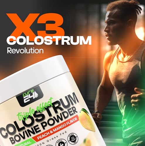 Image of Bovine Colostrum X3 Supplement Powder for Humans, 100% Pure Whole Natural Grass Fed Superfood, High IgG, Plus Probiotic & Prebiotic, Unflavored, Made in USA (Peach Mango)